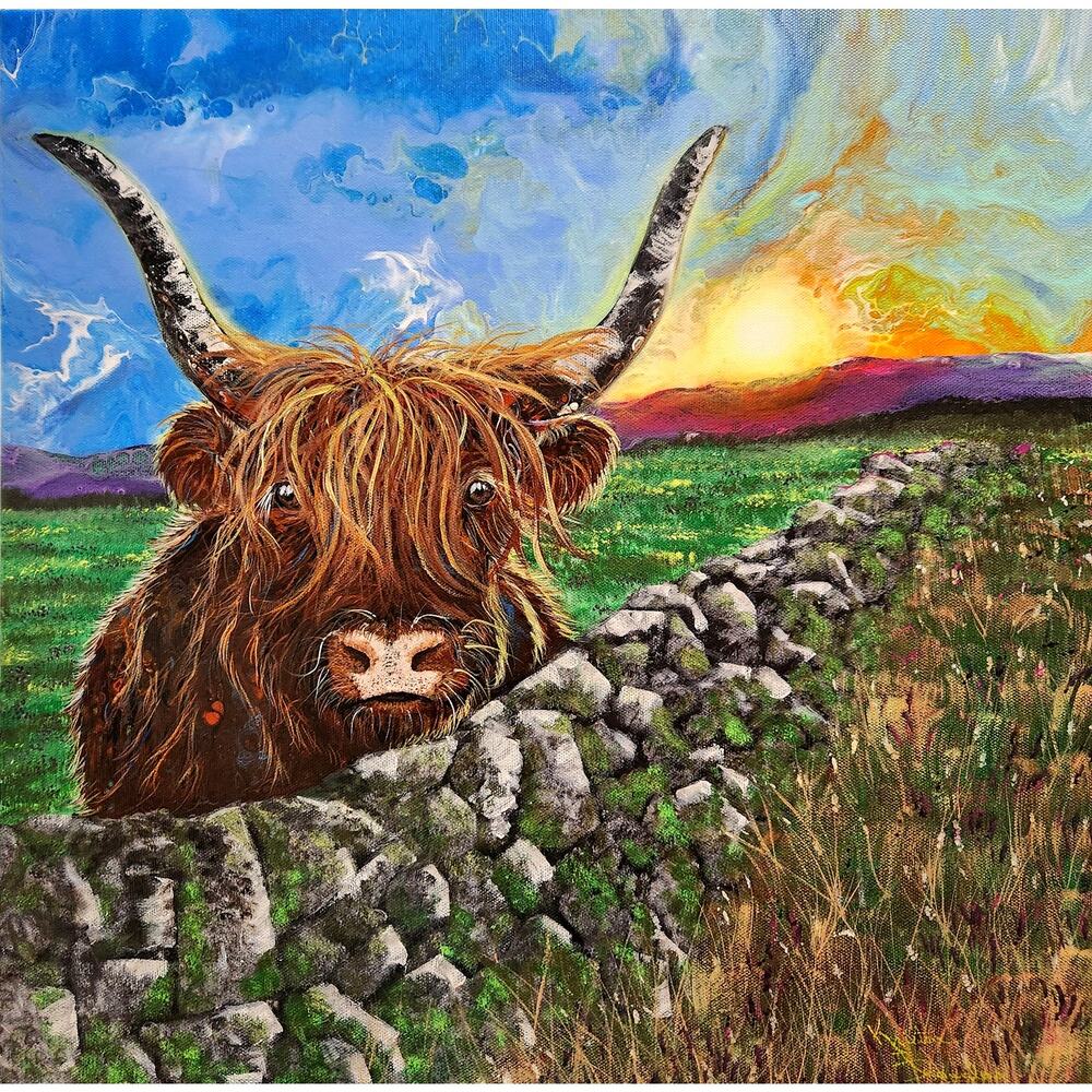 Highland Cow at Sunset Art Print from my Original Work 12" x 12" Acid Free